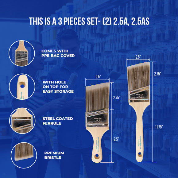 ProGrade 3 Piece Mixed Brush Set – 2.5" Flat, 2.5" Angle, 2.5" Angle Stubby – Soft Cover