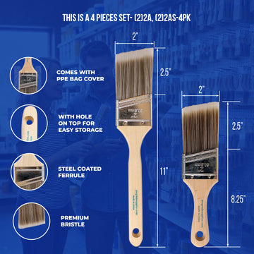 ProGrade Premium Mixed Angle Paint Brush Set, 4 Piece, 2" Angle & Angle Stubby, Soft Cover